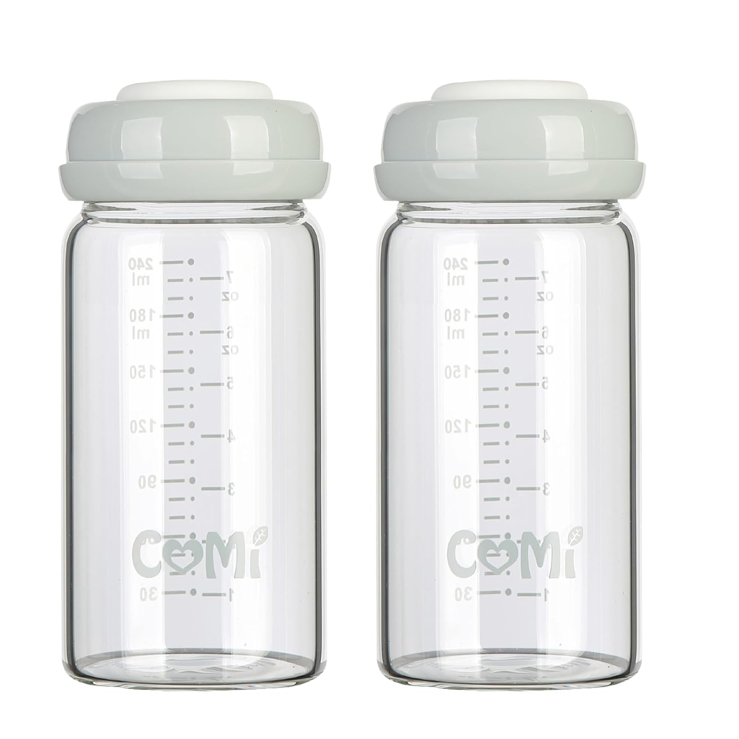 COMI Wide Neck Glass Breastmilk Collection n Storage Bottle, 8oz with Screw Ring Sealing Disk; Re-markable Sealing Disc. BPA Free, Fits Breast Pumps & Nipples (2 Gray Lids)