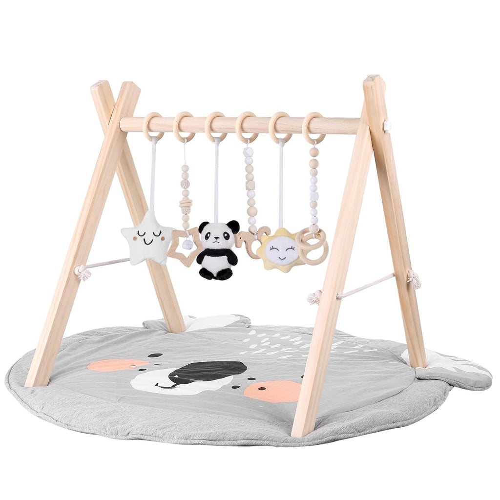 Baby Play Gym with Mat – Wooden Montessori Gym for Newborns 0-12M,Natural Pine Wood with 6 Sensory Toys,Foldable & Portable (Koala)