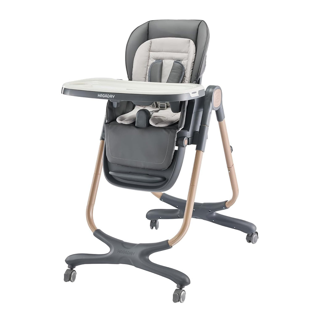 6 in 1 Convertible High Chairs for Babies and Toddlers,Portable High Chair with Dishwasher Tray and 4 Wheel,Booster Seat for Dining Table,Foldable Toddle and Baby Feeding Highchair (Gold-Grey)