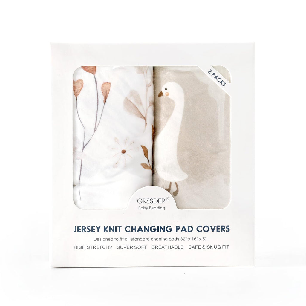 GRSSDER Stretch Ultra Soft Jersey Knit Changing Pad Cover Set 2 Pack, Change Table Pad Covers Fit 32"/34" x 16" Pads Safe and Snug, Pretty Pattern for Baby, Happy Party