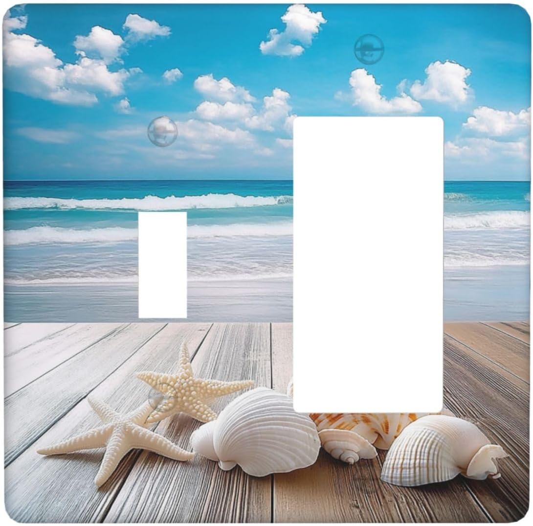 Outlet Covers Beach Waves Brown Wood Starfish Shells 1 Toggle 1 Rocker Combination Decorative Wall Plate Electrical Switch Plates Light Switch Cover Plate For Bathroom Living Room Decor