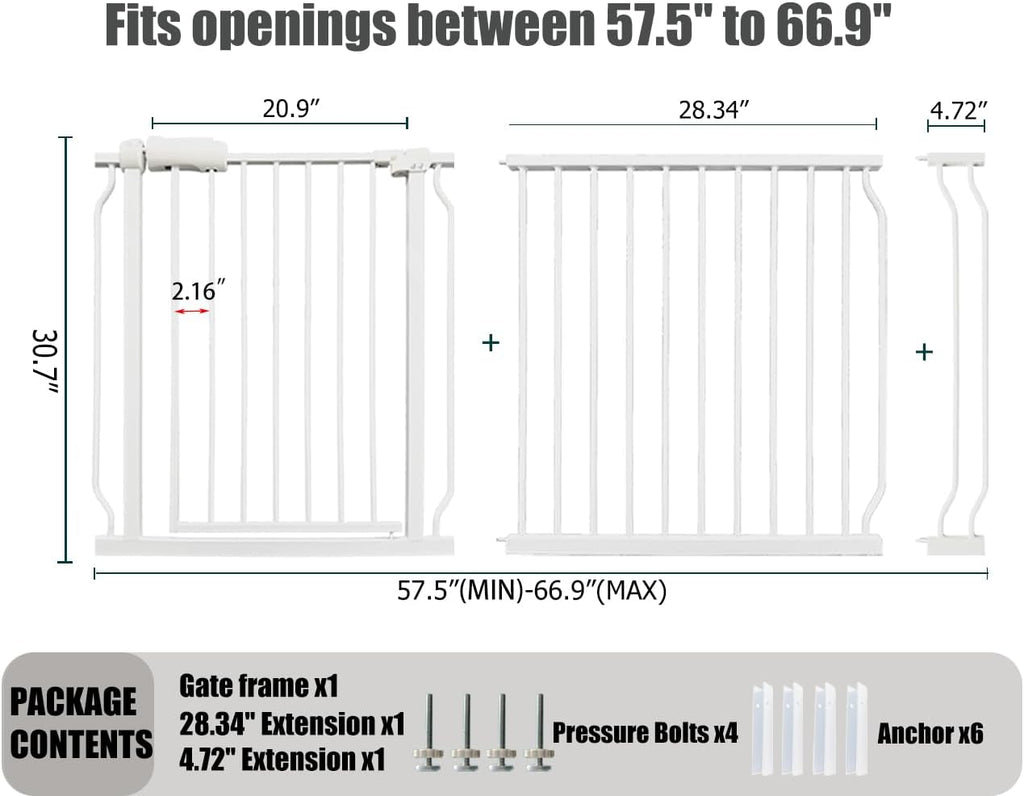 Extra Wide Baby Gate - 62-67 Inch Tension Mounted Safety Child & Pet Gate - White Metal - Walk Through - Long - for House Doorways & Stairs