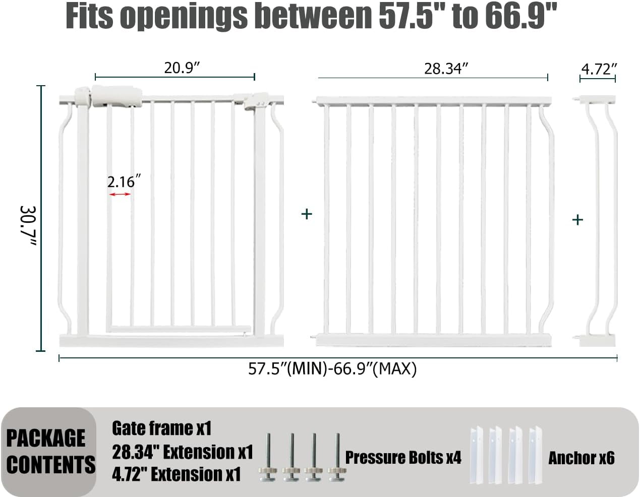 Extra Wide Baby Gate - 62-67 Inch Tension Mounted Safety Child & Pet Gate - White Metal - Walk Through - Long - for House Doorways & Stairs
