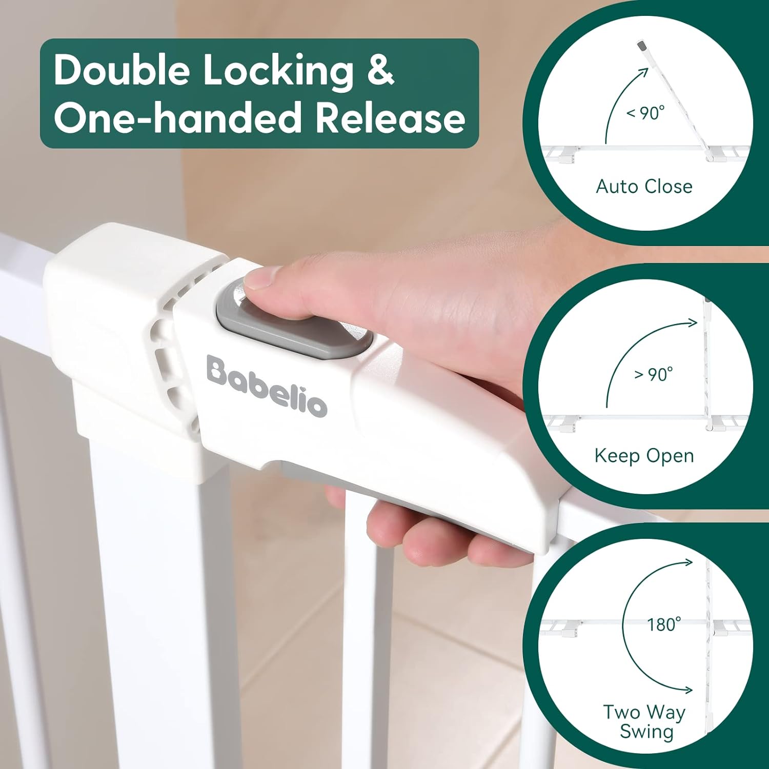 Babelio Metal Baby Gate, 29-48“ Auto Close Easy Install Pet Gate, Extra Wide Walk Thru Child Safety Gate, Pressure Mounted Dog Gate for Doorways & Stairs, with Y Spindle Rods, White