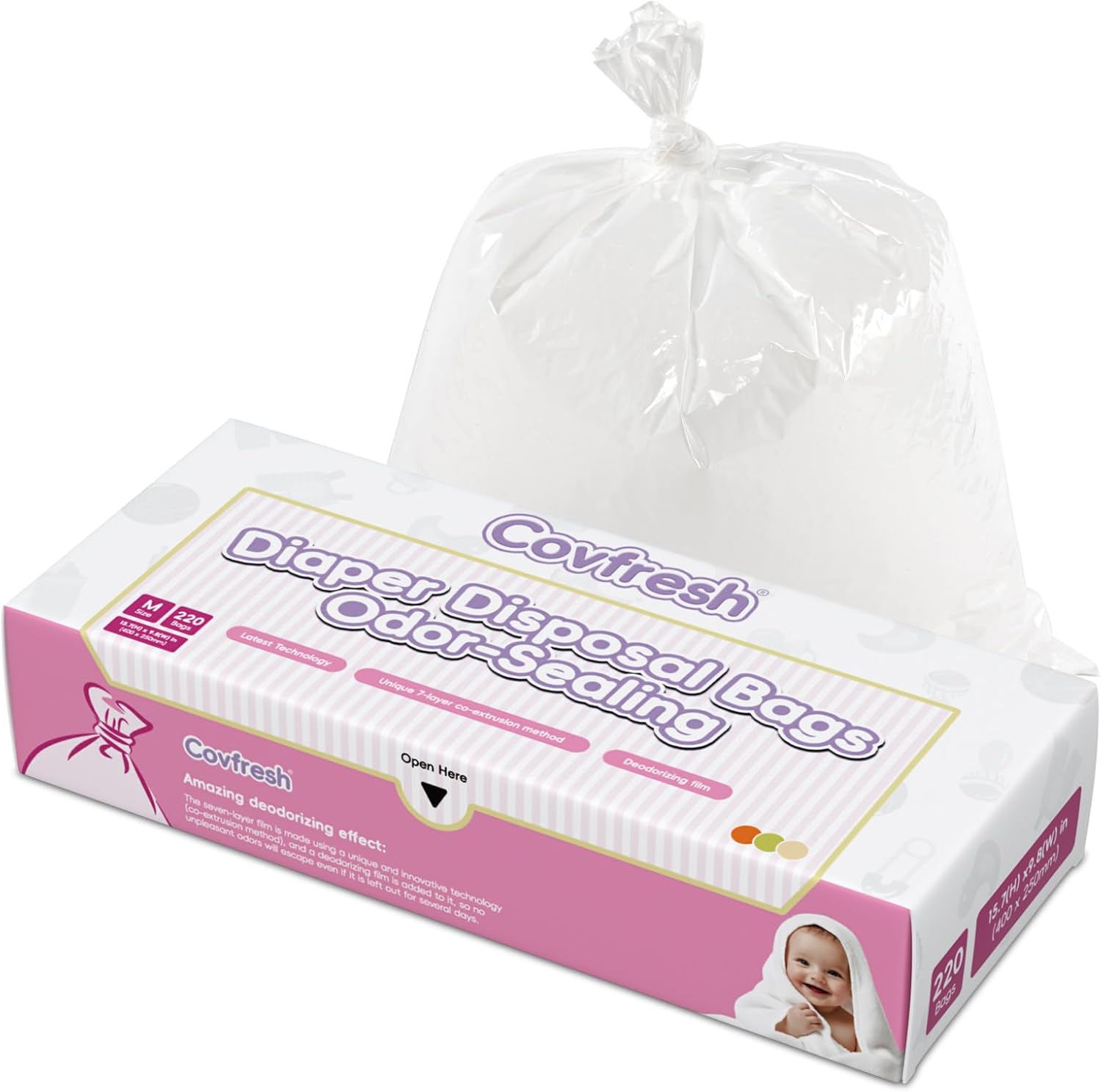 Odor Sealing Baby Diaper Disposal Bags - M/220 Counts Unscented, Durable Diaper Trash Sacks for Home, Travel & On-the-Go Use (Color:White)