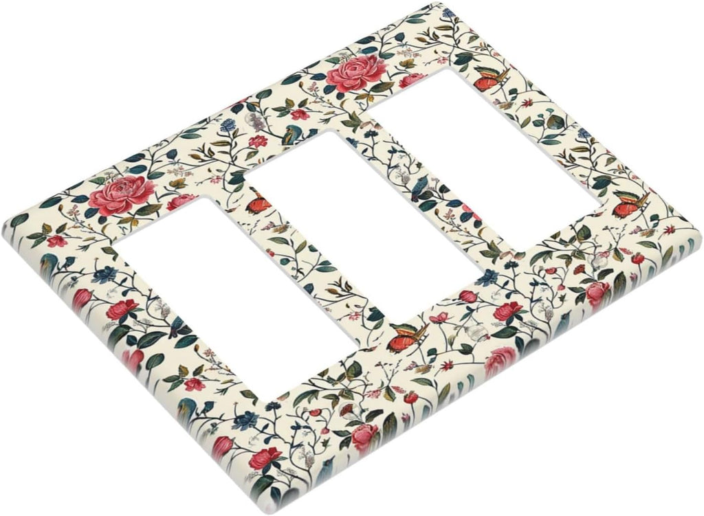 Light Switch Covers Vintage Flowers Rose Leaf Bird Butterfly 3 Gang Rocker Electrical GFCI Decorative Triple Outlet Wall Plate Cover Switchplate for Bedroom living Room Decor