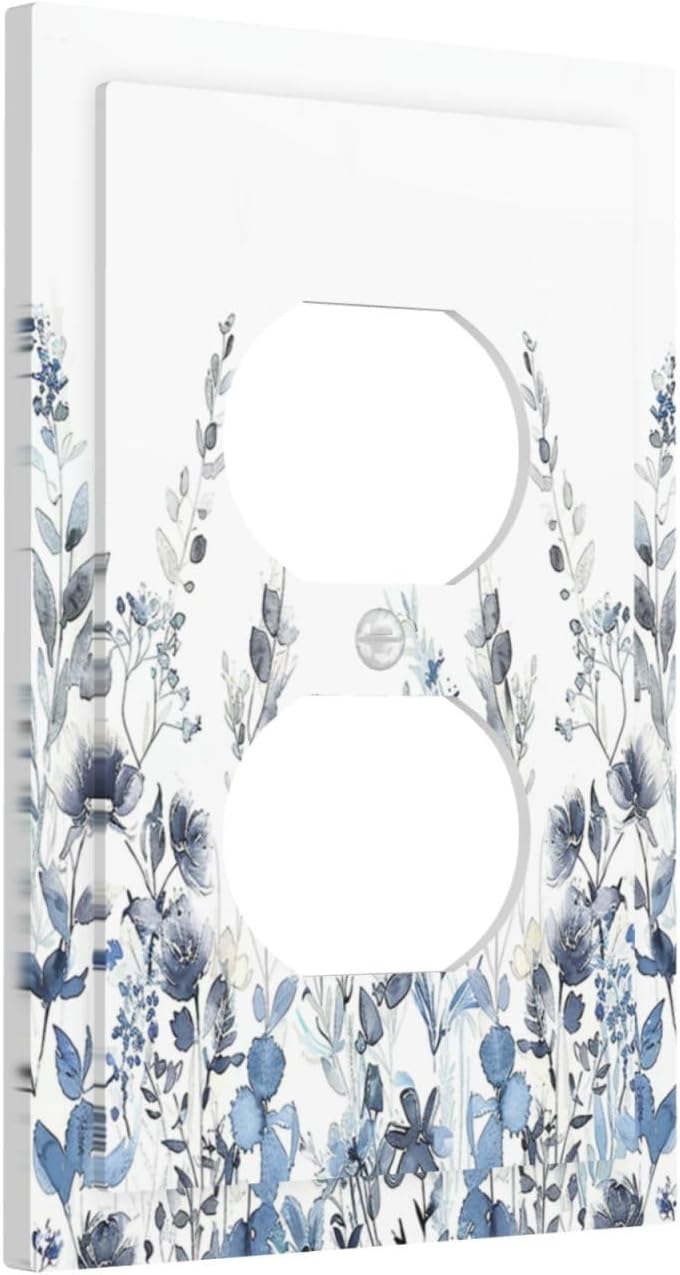 Outlet Covers Light Blue Watercolor Leaves Plant With Floral 1 Gang Duplex Wall Plate Decorative Switch Plates Electrical Receptacle Faceplate Light Switch Cover for Bedroom Bathroom Decor