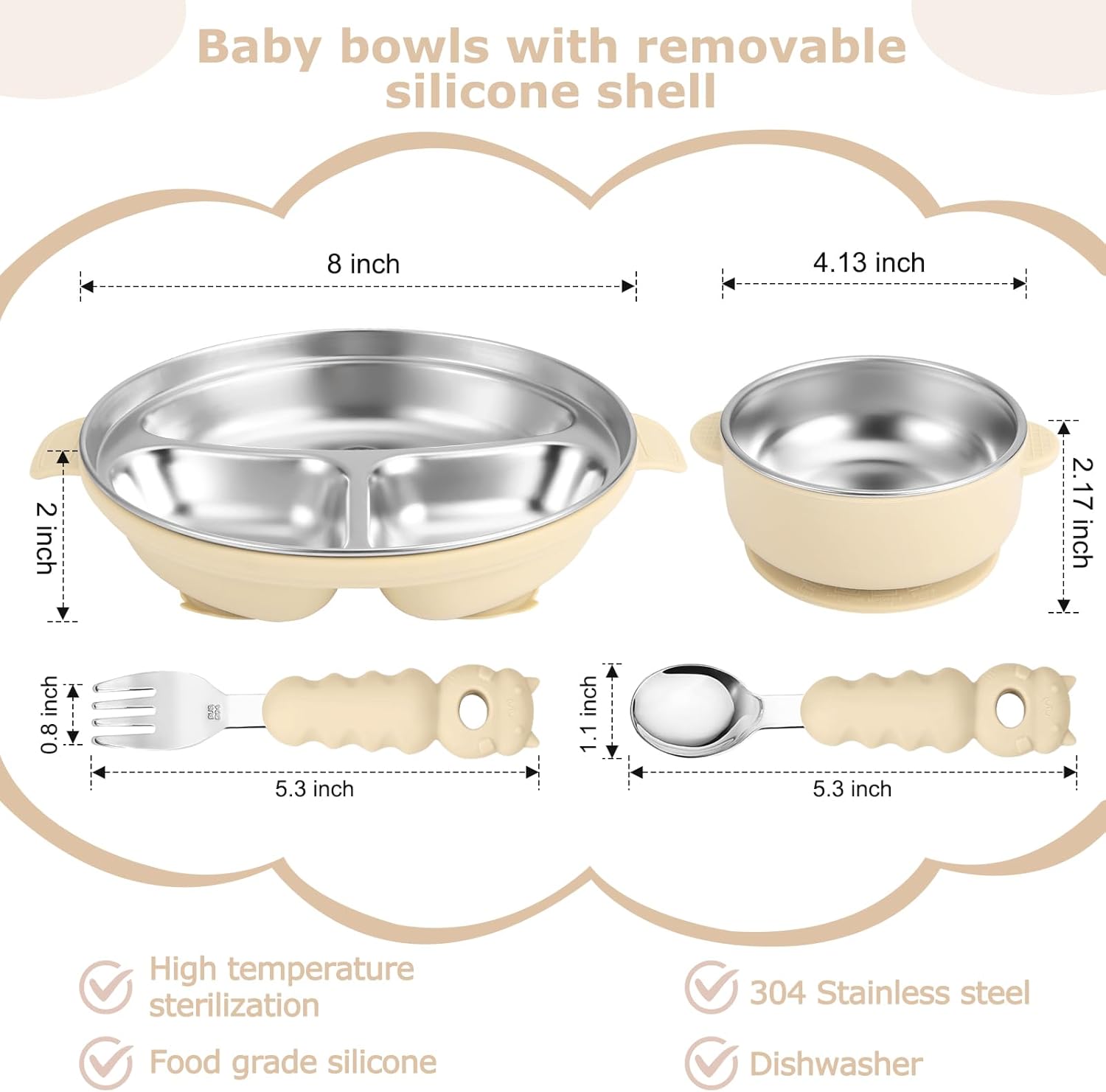 Stainless Steel Baby Plate and Bowl with Suction, Baby Bowl and Divided Kids Toddler Plate with Removable Silicone Shell, Non-Slip Toddler Baby Feeding Set, Forks + Spoons Included-Cream