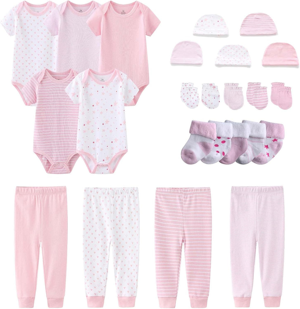 Newborn Layette Gift Set Bodysuits Pants for Baby Girl and Boy 24 Piece 100% Cotton Essentials and Accessories