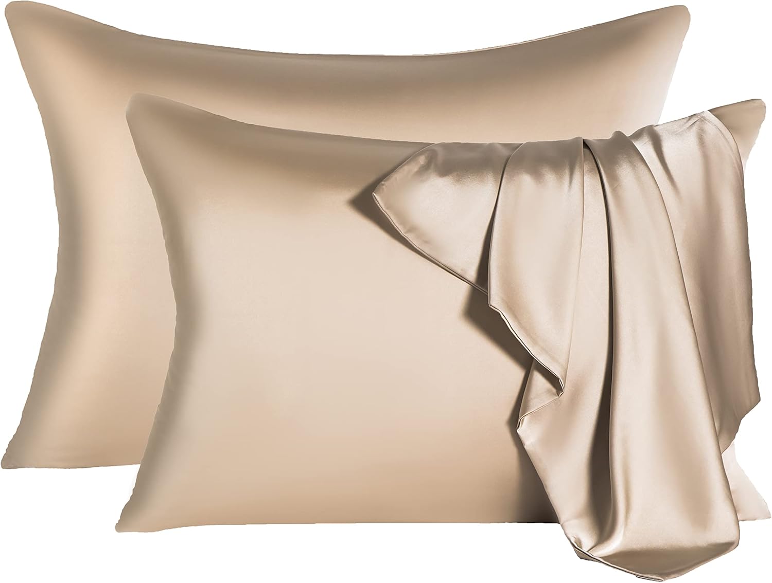 2 Pcs Mulberry Silk Pillowcase for Hair and Skin,Cooling Silk Pillow Case with Hidden Zipper,Allergen Proof Dual Sides Soft Breathable Smooth Silk Pillow Cover for Women(Standard-2PCS,Champagne)