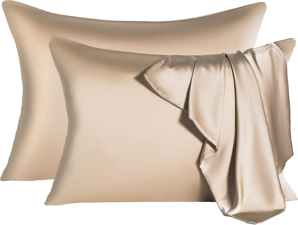 2 Pcs Mulberry Silk Pillowcase for Hair and Skin,Cooling Silk Pillow Case with Hidden Zipper,Allergen Proof Dual Sides Soft Breathable Smooth Silk Pillow Cover for Women(Queen-2PCS,Champagne)