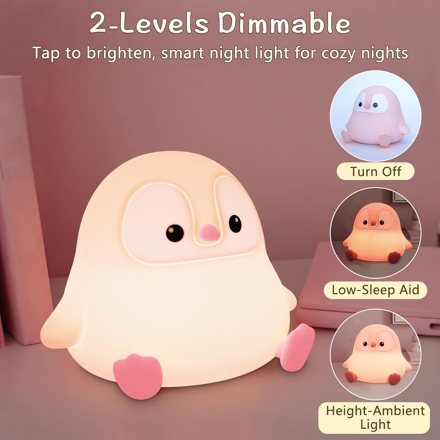 Penguin Night Light for Kids,Cute Pink Penguin Touch Lamp,Soft Silicone Nursery Nightlight,LED Squishy Novelty Animal Bedside Lamp,Rechargeable/Dimmable/Timer Desk Lamp,Kids Room Decor