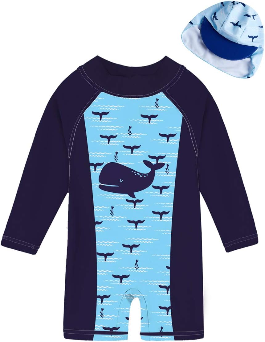 uideazone Baby Boys One Piece Swimsuit Long Sleeve UPF 50+ Rash Guard Bathing Suit Swimwear with Sun Hat 0-24 Months