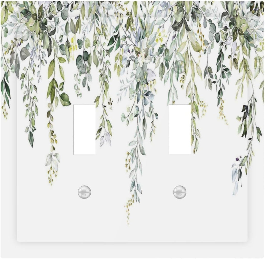 Decorative Switch Plates Boho Farmhouse Flower Leaf Sage Green 2 Gang Double Toggle Outlet Light Switch Cover Wall Plate Electrical Faceplate for Bedroom Cabin Decor