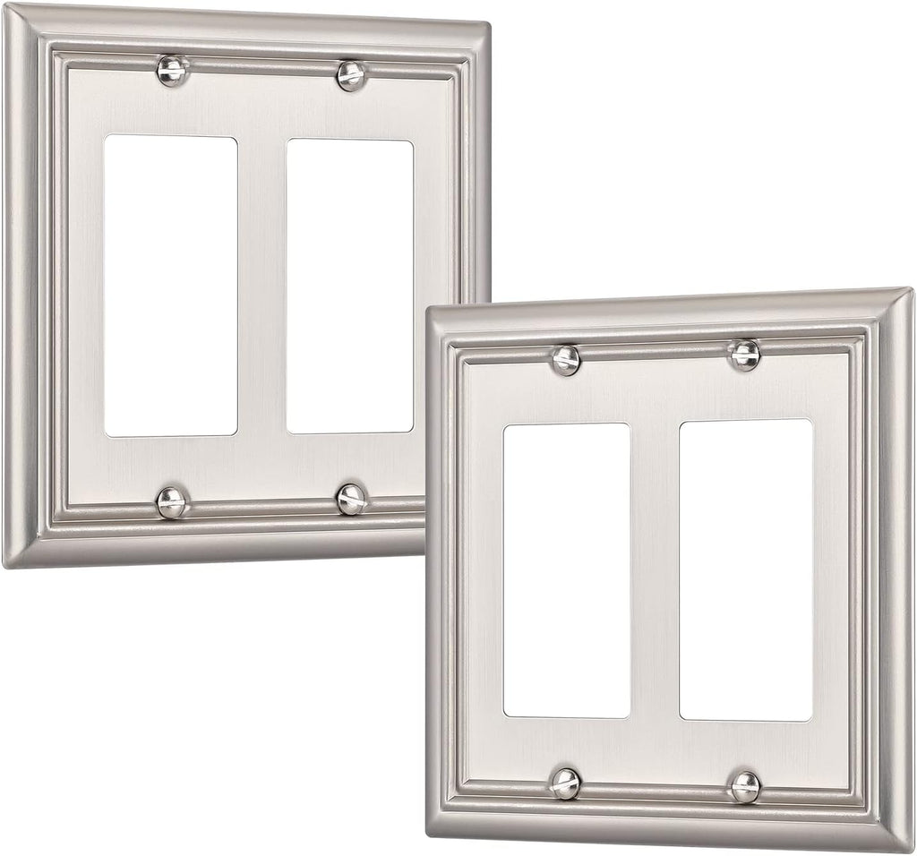 DEWENWILS Double Decorator Wall Plates, Brushed Nickel Outlet Covers, Metal Face Plates for Electrical Outlets, GFCI, Dimmer Switch, 2-Pack