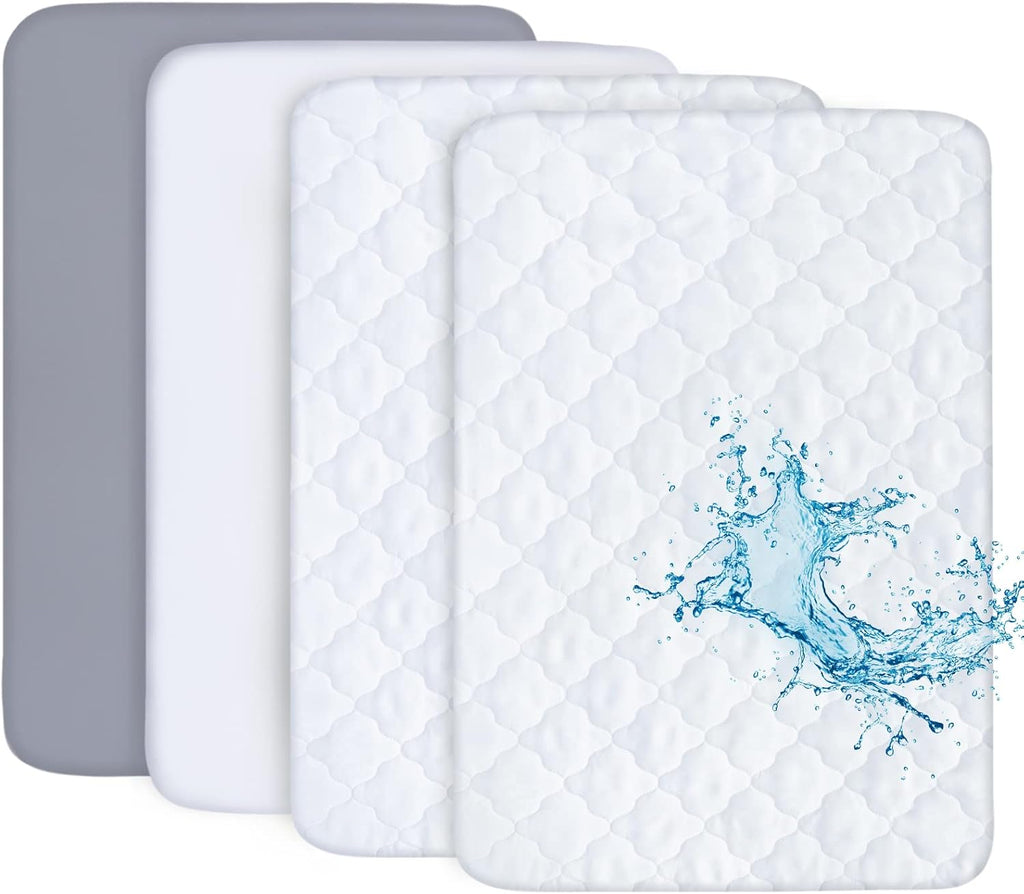 Pack and Play Sheets and Waterproof Pack n Play Mattress Protector Pad Cover 4 Pack Set, Ultra Soft Pack n Play Mattresses Sheets Compatible with Graco Pack n Play, Grey&White