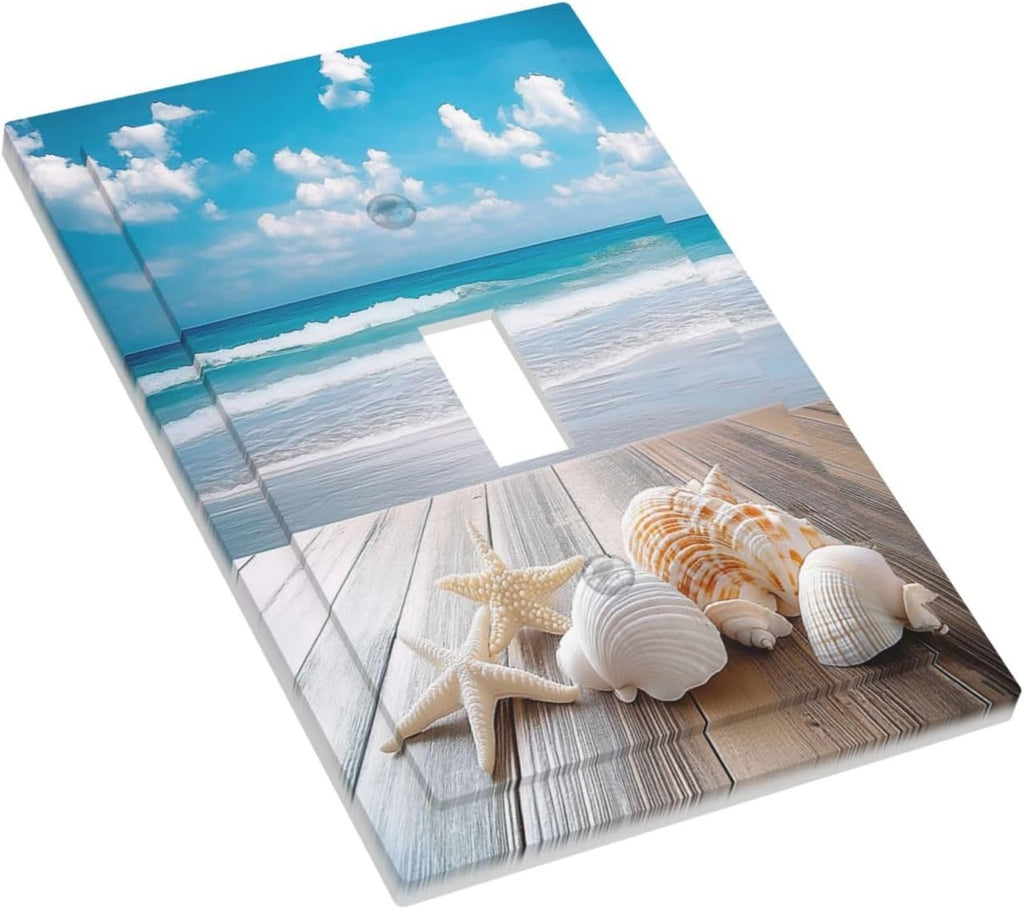 Decorative Light Switch Cover Beach Waves Brown Wood Starfish Shells 1 Gang Single Toggle Device Electrical Faceplate Switchplates Decorator Outlet Wall Plate For Bathroom Living Room