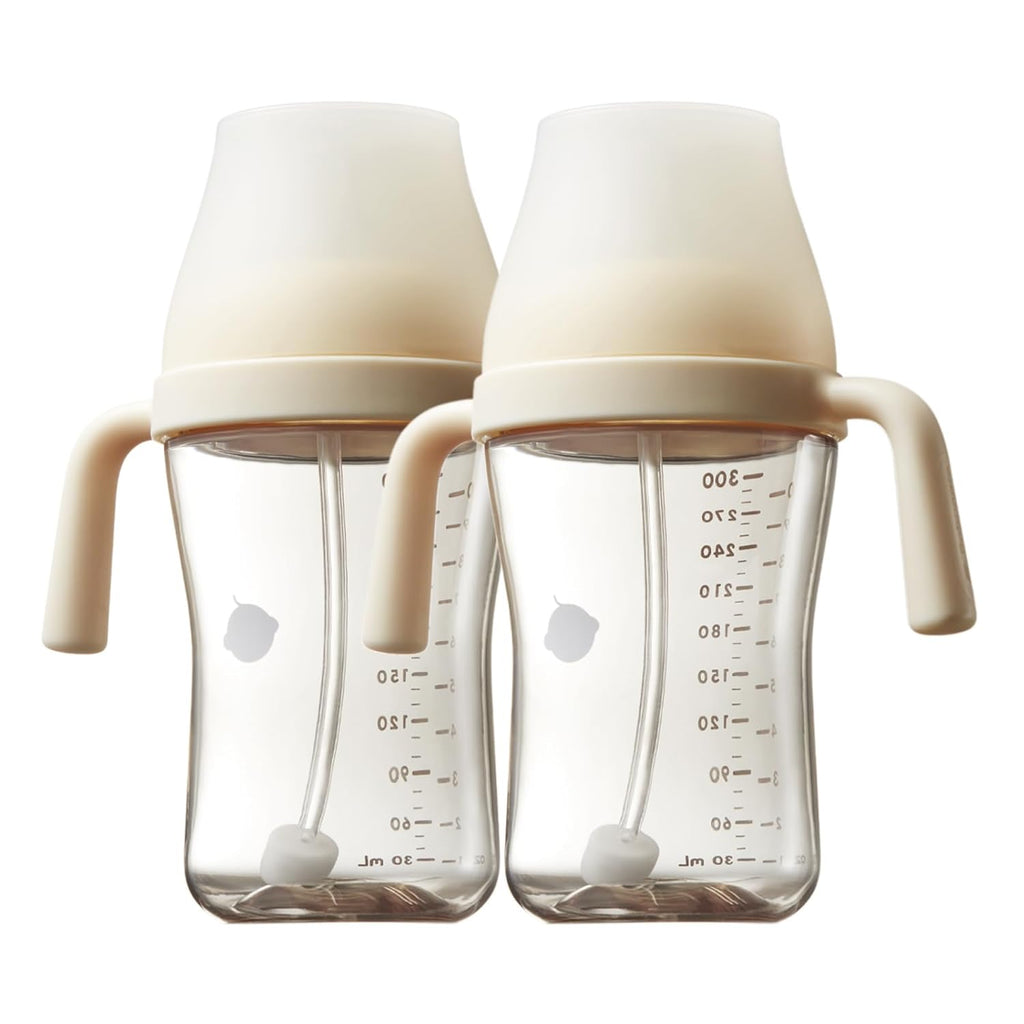 Bc babycare Sippy Cup Learner for 6+ Month Old with Nipples & Handles, Spill Proof Sippy Cup, Weighted Straw Toddler Cups, Anti-Choking Baby Cups 2 Packs, Beige