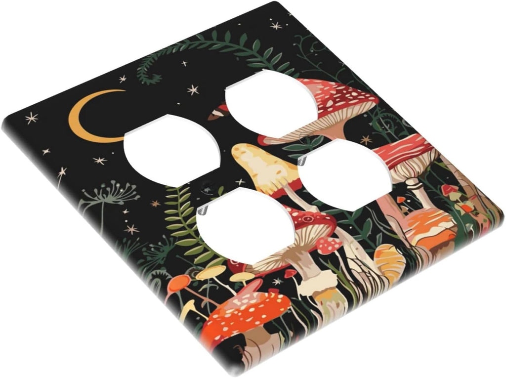 Moon Star Red Mushroom Forest Butterfly Green Plant Outlet Covers 2 Gang Double Duplex Decorative Light Switch Covers Electrical Wallplates Socket Faceplate for Kids Room Home Decor