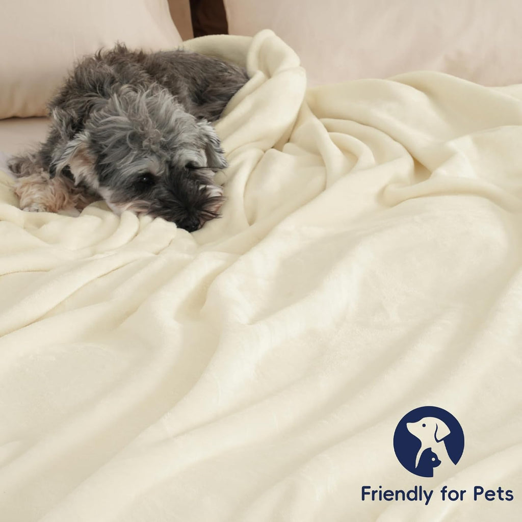 PHF Ultra Soft Fleece Blanket Queen Size, No Shed No Pilling Luxury Plush Cozy 300GSM Lightweight Blanket for Bed, Couch, Chair, Sofa Suitable for All Season, 90" x 90", Cream