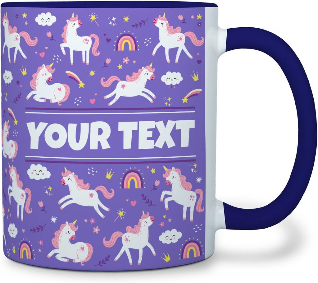 Personalized Mug for Kids - Purple Unicorn - Custom Name/Text, Ceramic Hot Chocolate/Cocoa/Coffee Cup for Girls, Birthday/Christmas/Holiday Gift - 11 oz, Navy Blue Handle