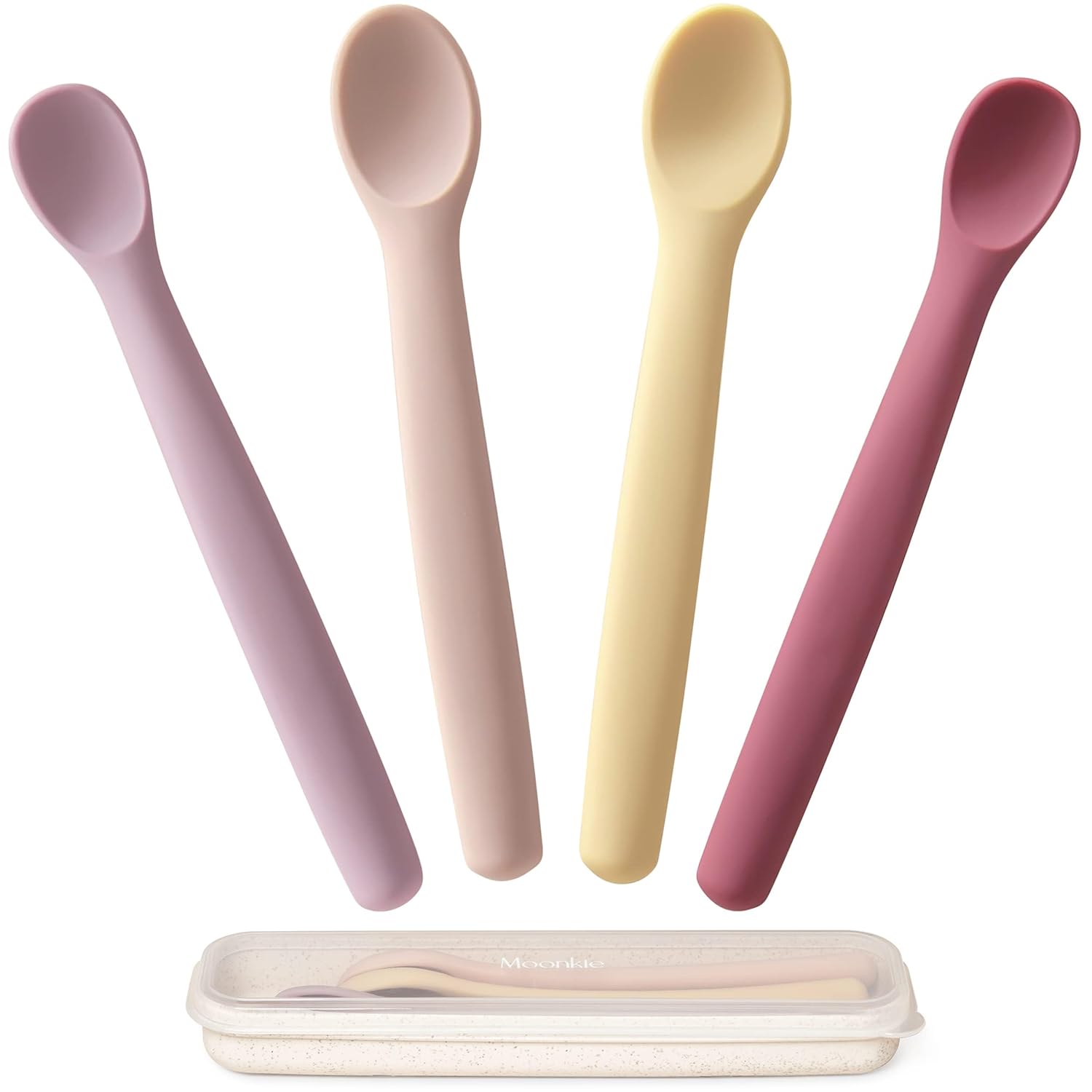 Moonkie Silicone Baby Spoons Set of 4, Two Sizes Feeding Spoon for First Stage 4+ Months, Baby Utensils with Case, Toddler Led Weaning Spoons, Bendable, Chewproof & Boil-proof