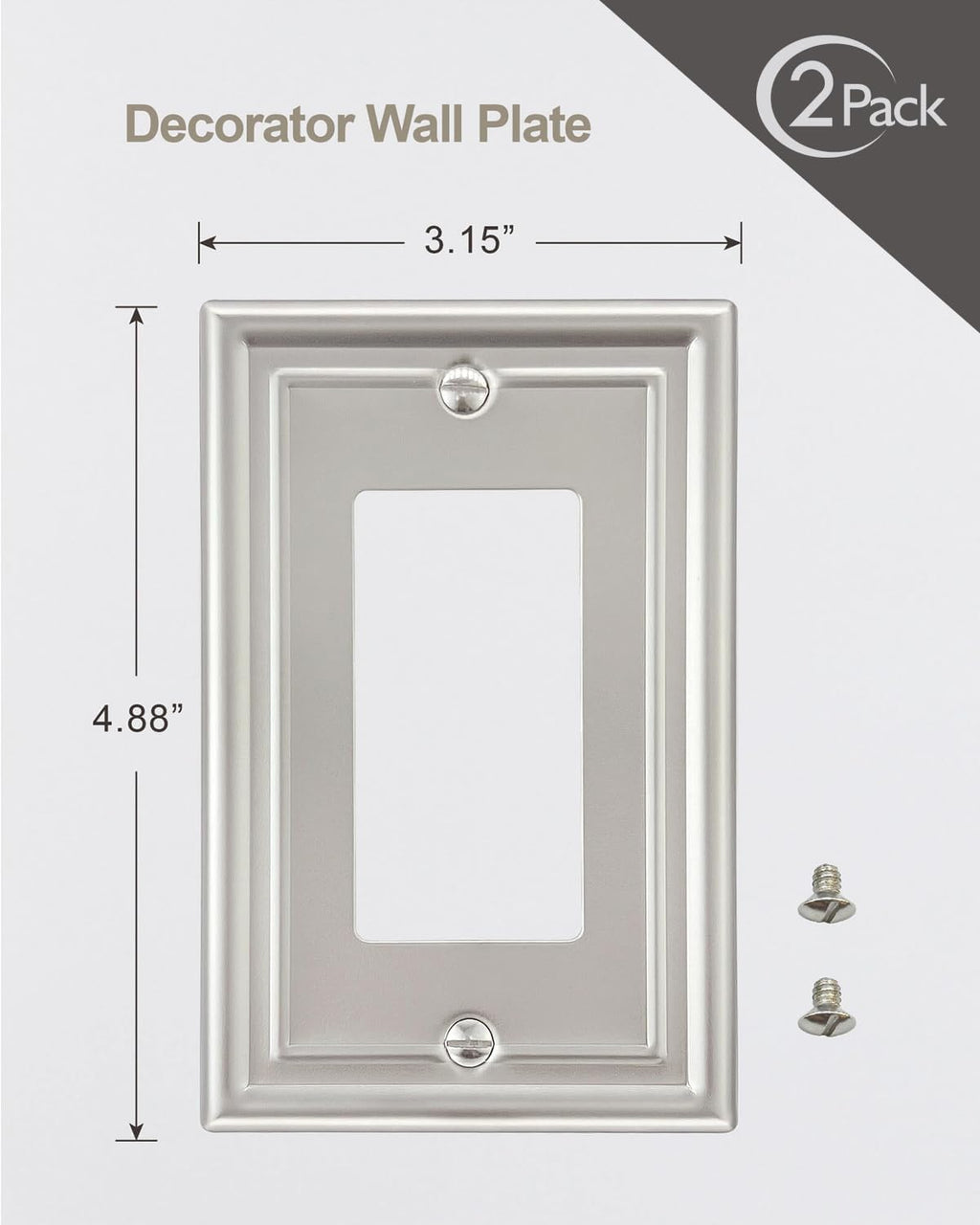 2-Pack Decorator Wall Plate, Satin Nickel Electrical Outlet Cover Plate for Receptacle, Dimmer Switch, GFCI Outlet, 3.15''*4.88'', Midsize, A035 Series