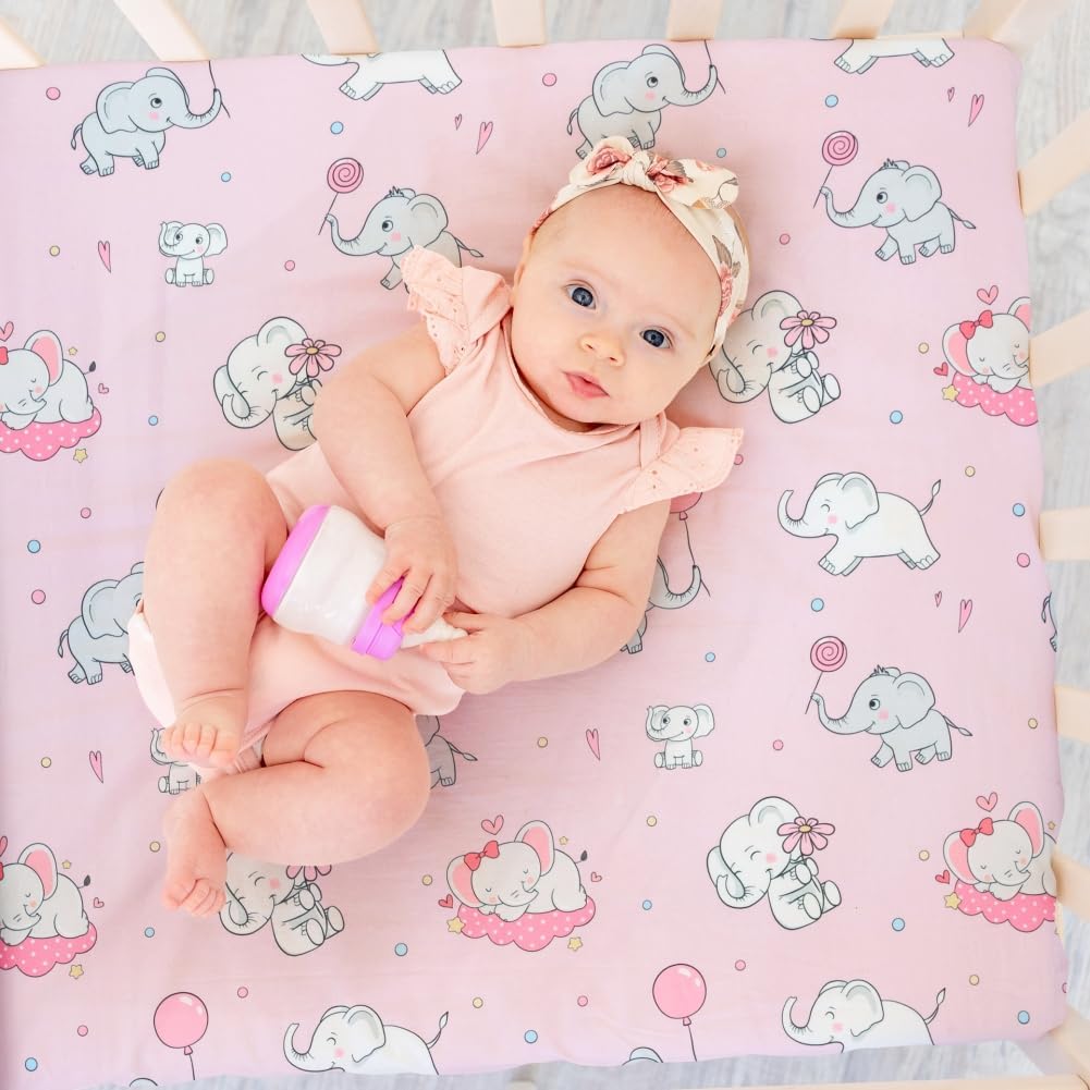 4 Pack Baby Girl Crib Sheets Set Soft Fitted Floral or Elephant Theme Baby Girl Mattress Covers Breathable Toddler Bed Sheets for Infant or Newborn Girls (Elephant, Crib Sheets)