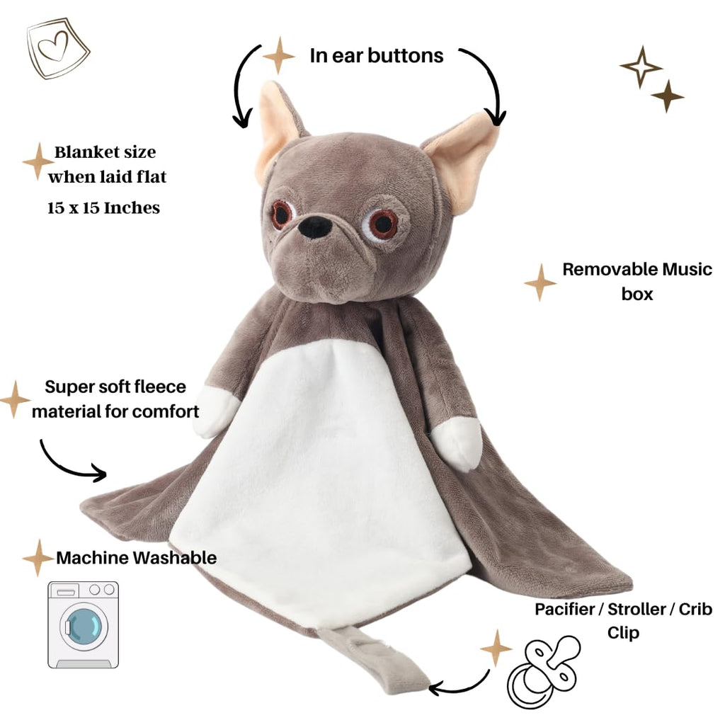 Love By Emi Baby Music Lovey Brown Bulldog, Baby Sleep Soother for Crib & Cuddle Bedtime, White Noise with Heartbeat & Lullaby, Plush Sound Machine Toy, Stuffed Animal for Newborns, Infants & Toddlers