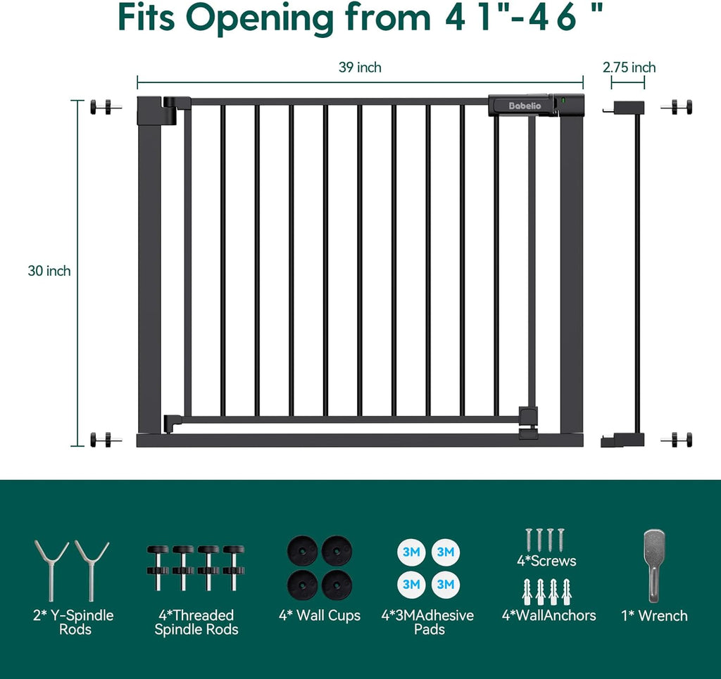 BABELIO Baby Gate for Doorways and Stairs, 41-46" Pet Gate with Wide Walk Thru Door and Lock Indicator, No Drill Pressure Mounted Safety Gate with Double Lock and Self-Closing, Black