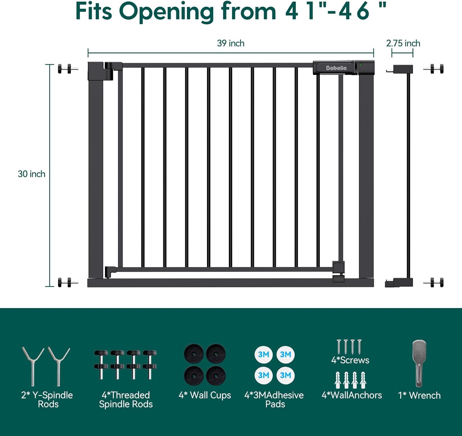 BABELIO Baby Gate for Doorways and Stairs, 41-46" Pet Gate with Wide Walk Thru Door and Lock Indicator, No Drill Pressure Mounted Safety Gate with Double Lock and Self-Closing, Black