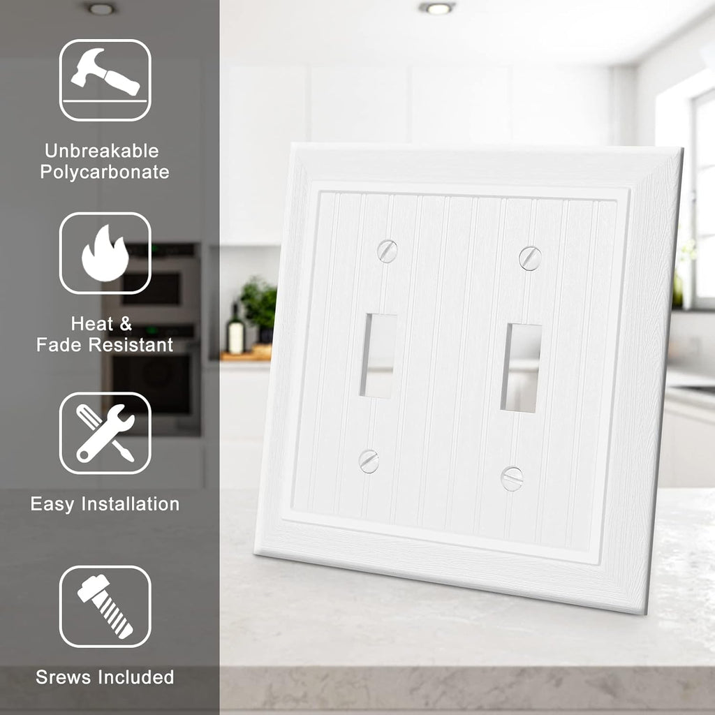 Modern Decorative Wall Plate Switch Plate Outlet Cover, Vintage Retro Wood Grain Design(Double Duplex-10 Pack, White)