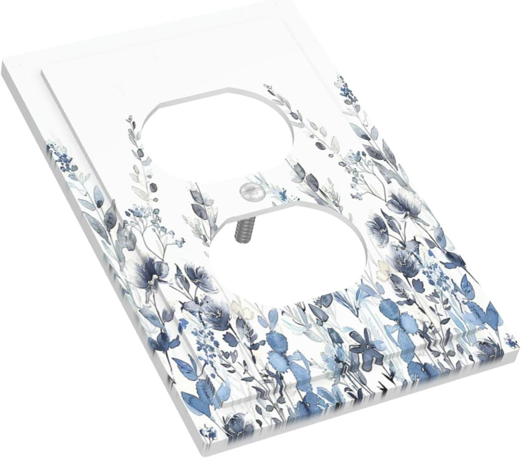 Outlet Covers Light Blue Watercolor Leaves Plant With Floral 1 Gang Duplex Wall Plate Decorative Switch Plates Electrical Receptacle Faceplate Light Switch Cover for Bedroom Bathroom Decor
