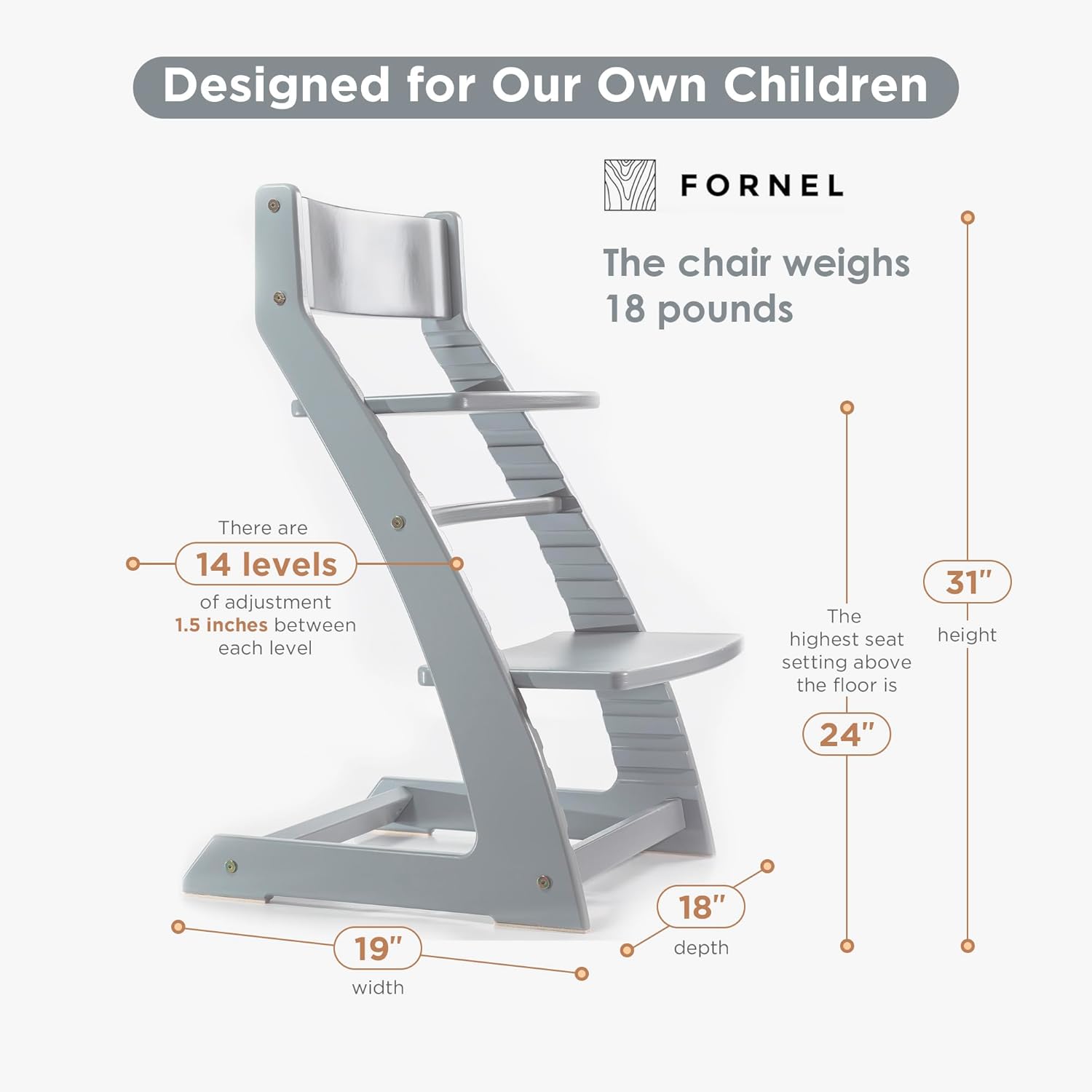 FORNEL Grey Wooden High Chair for Toddlers | The Grow-with-Me Adjustable Chair for Modern Farmhouse & Scandinavian Kitchens | A Smart Stokke Alternative