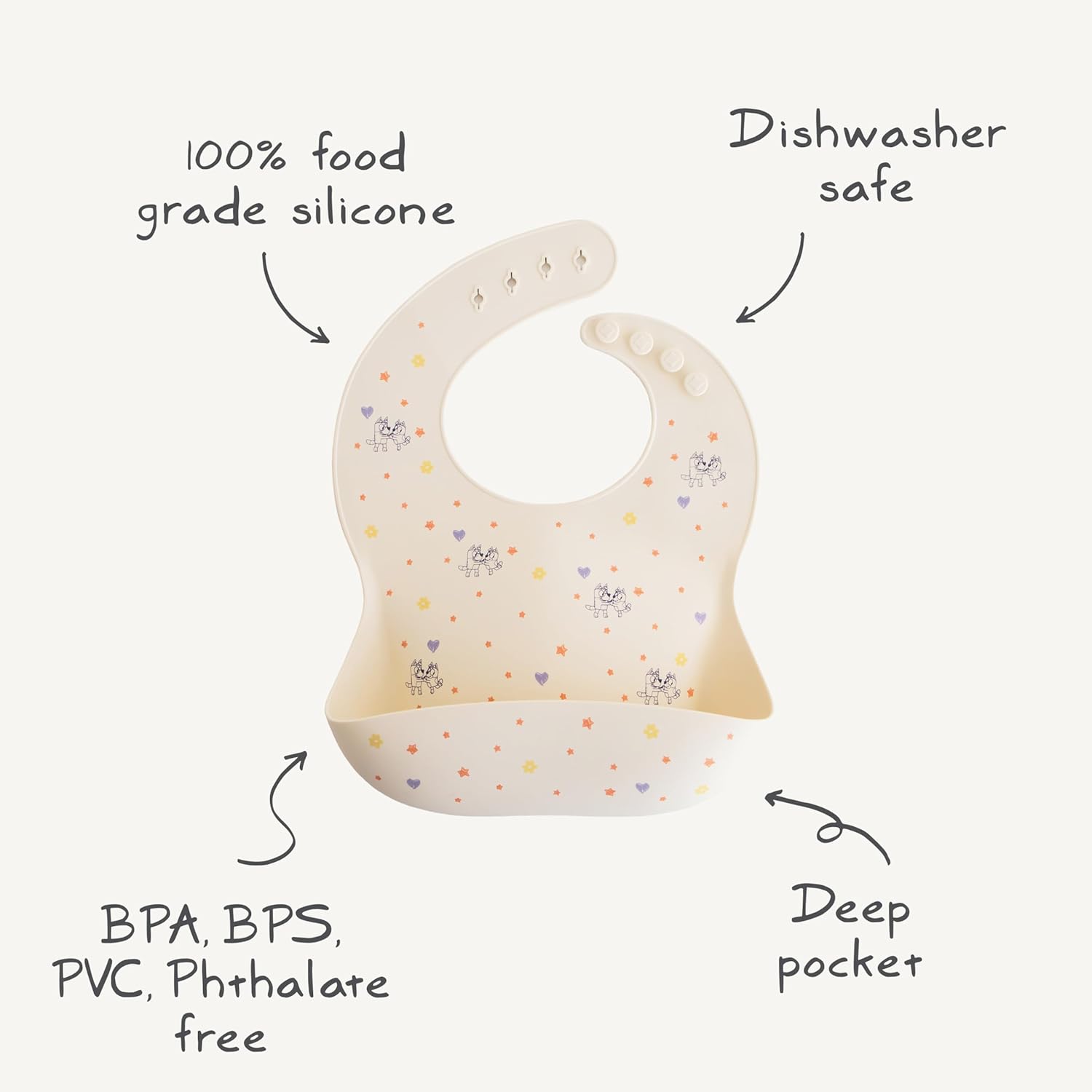 mushie x Bluey Silicone Baby Bib | Adjustable Fit Waterproof Bibs (Bluey Ivory)