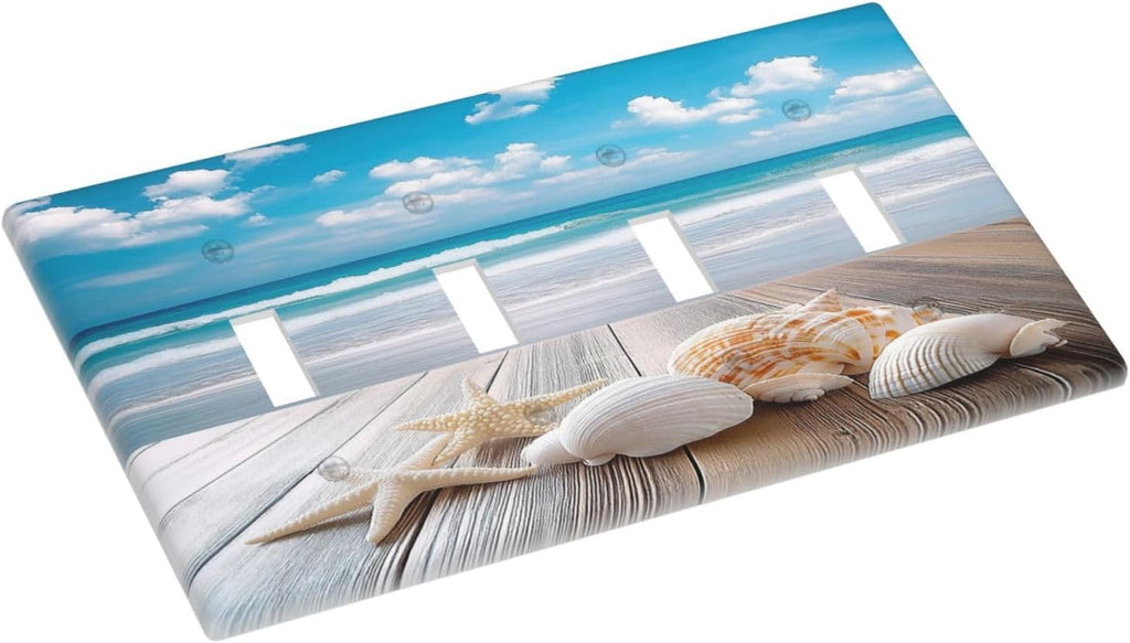Light Switch Covers Beach Waves Brown Wood Starfish Shells Quad Toggle Electrical Faceplate 4 Gang Wall Plate Decorative Switch Plates For Bathroom Living Room Decor