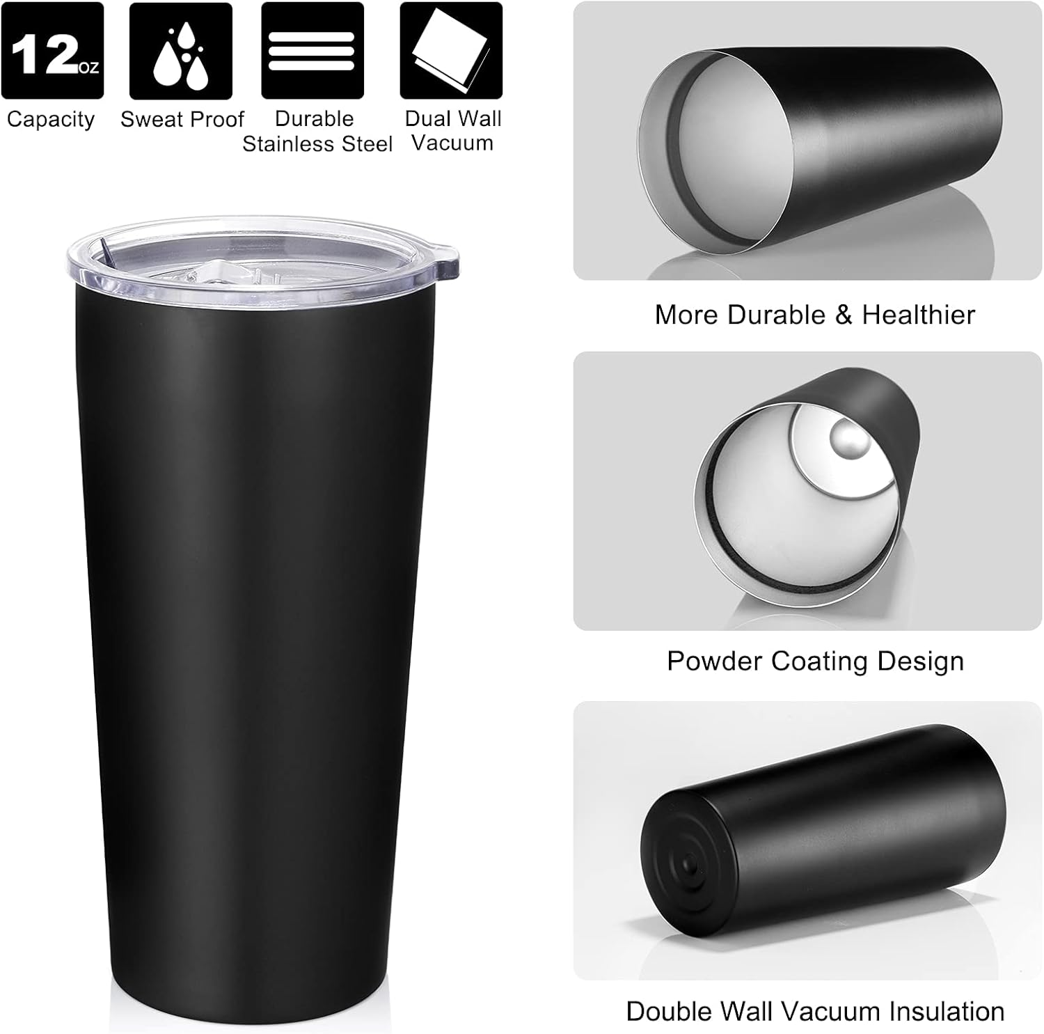 VEGOND 20oz Tumbler Bulk with Lid and Straw 6 Pack, Stainless Steel Vacuum Insulated Tumbler, Double Wall Coffee Cup Travel Mug, Black