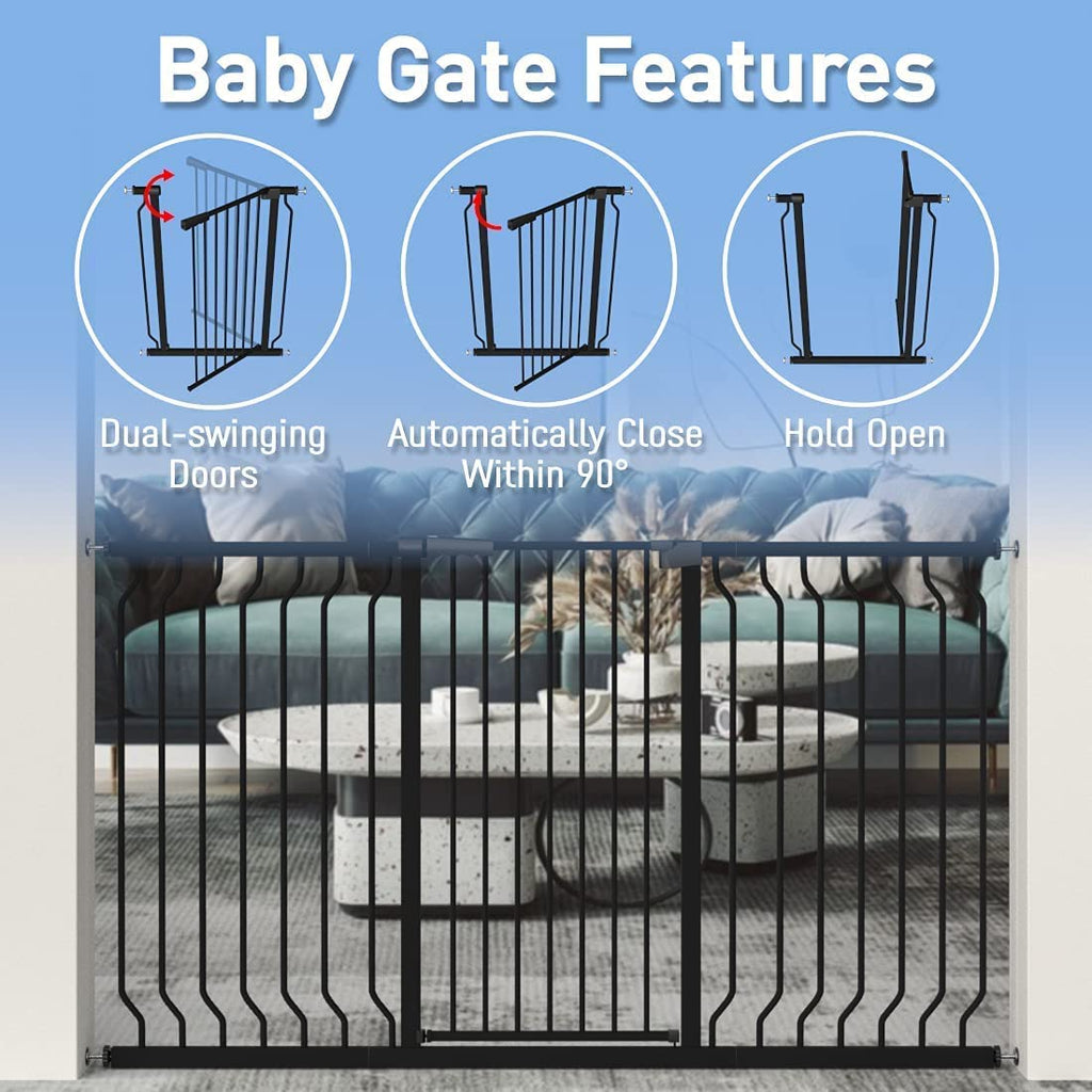 WAOWAO Extra Tall 40.55" Baby Gate 29.92-63.38" Wide Pressure Mounted Walk Through Swing Auto Close Safety Black Metal Toddler Child Dog Pet for Indoor Stairs,Doorways,Kitche