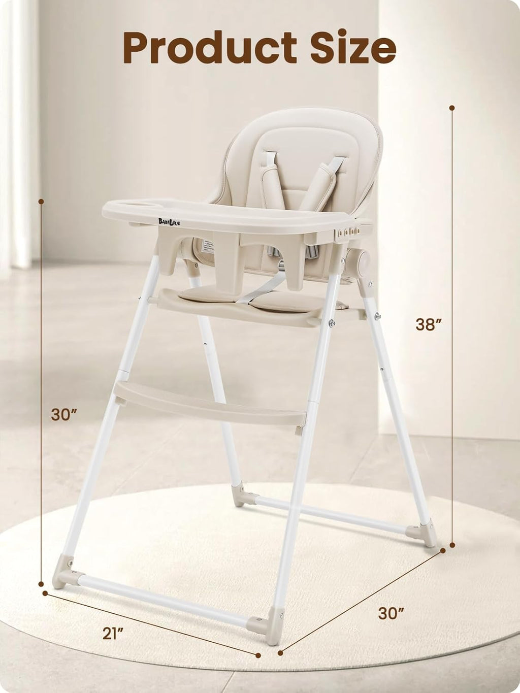 Foldable High Chair, High Chairs for Babies and Toddlers, Dining Chairs and Eating Chair with Adjustable Tray and 5 Point Harness for Infant, Beige