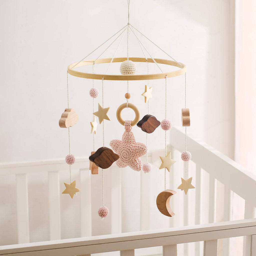 Baby Crib Mobile for Boys Girls| Boho Nursery Mobile| Gender Neutral Hand-Crocheted Mobile| Ceiling Mobile - Stars, Clouds, Moon (Pink)