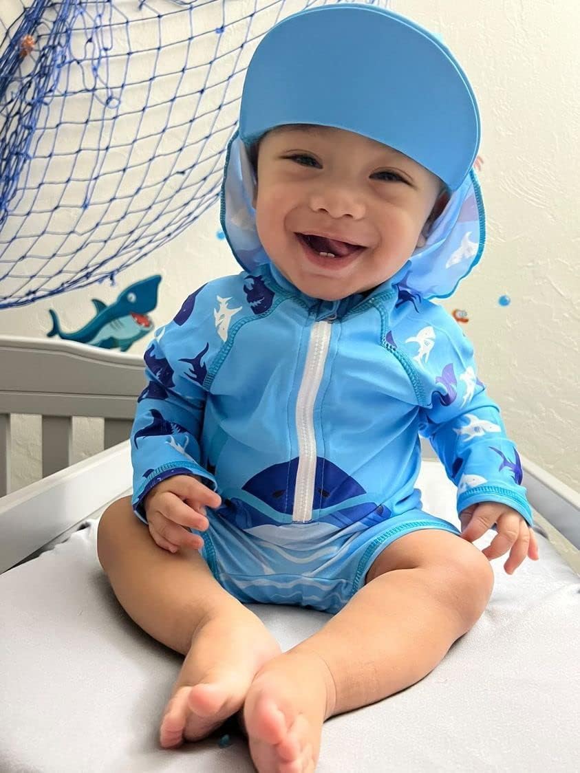 uideazone Baby Boys One Piece Swimsuit Long Sleeve UPF 50+ Rash Guard Bathing Suit Swimwear with Sun Hat 0-24 Months
