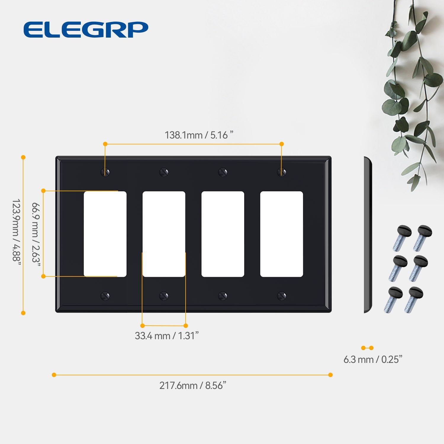 ELEGRP 4-Gang Decorative Wall Plates, Mid-Size 4.88" H x 8.57" L Unbreakable Thermoplastic Faceplate Cover for Decorator Receptacle Outlet Switch, UL Listed (1 Pack, Glossy Black)