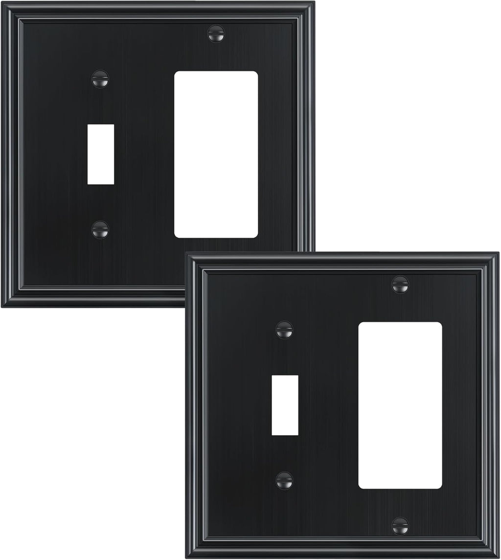 2-Pack Combo Toggle/Decorator Light Switch Cover Plate, Black Decorative Electrical Outlet Covers, Durable Solid Zinc Alloy Wall Switch Plates and Outlet Covers