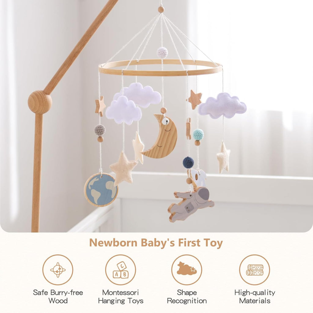 JETMHH Baby Crib Mobile | Space Theme Nursery Mobile | Wooden Mobile for Crib | Astronaut Space Theme Nursery Bed Decoration | Gift for Newborn Nursery Decor