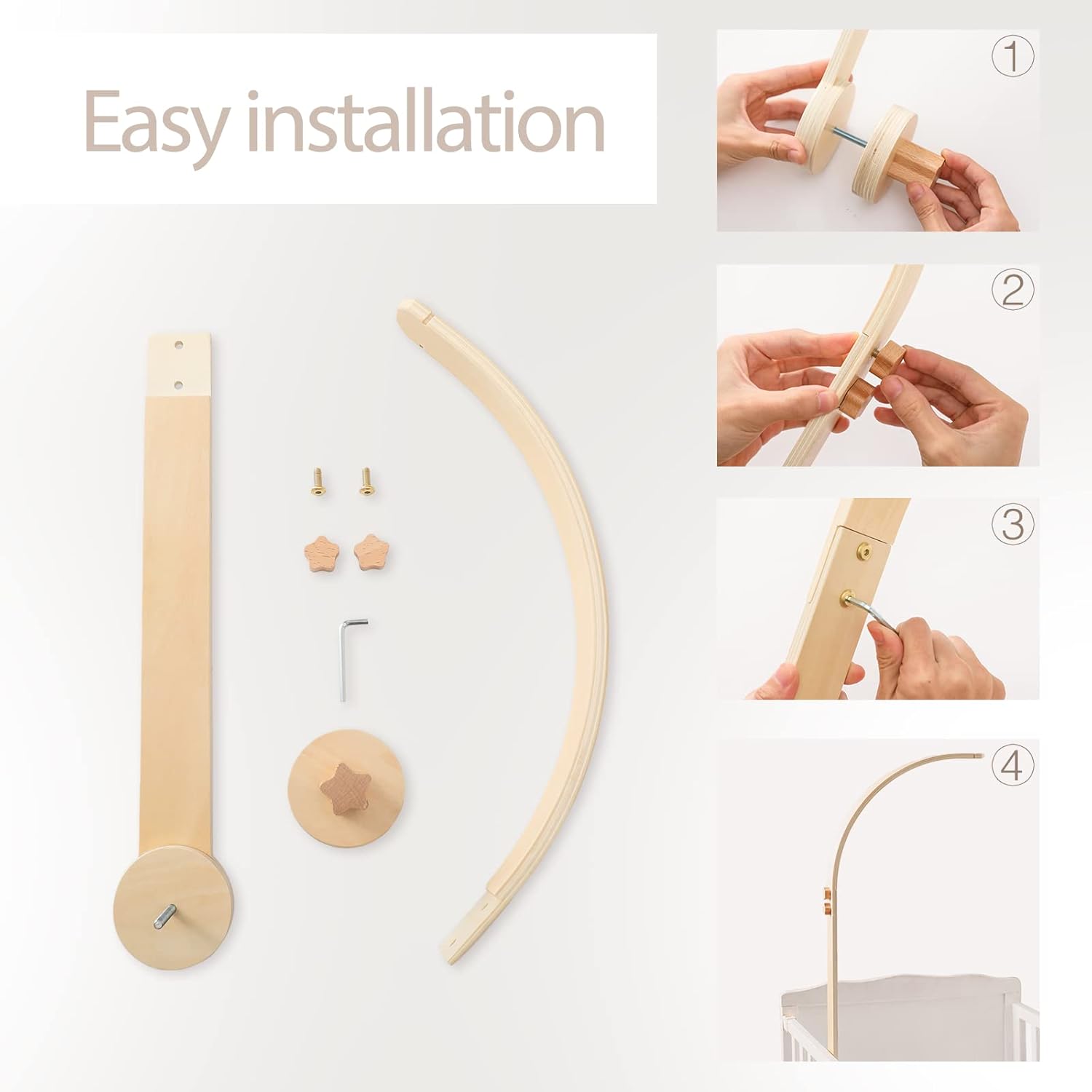 Baby Crib Mobile Arm - Wooden Baby Mobile Crib Holder for Hanging Baby Crib Attachment for Nursery Decor (Curved Structural Arm)