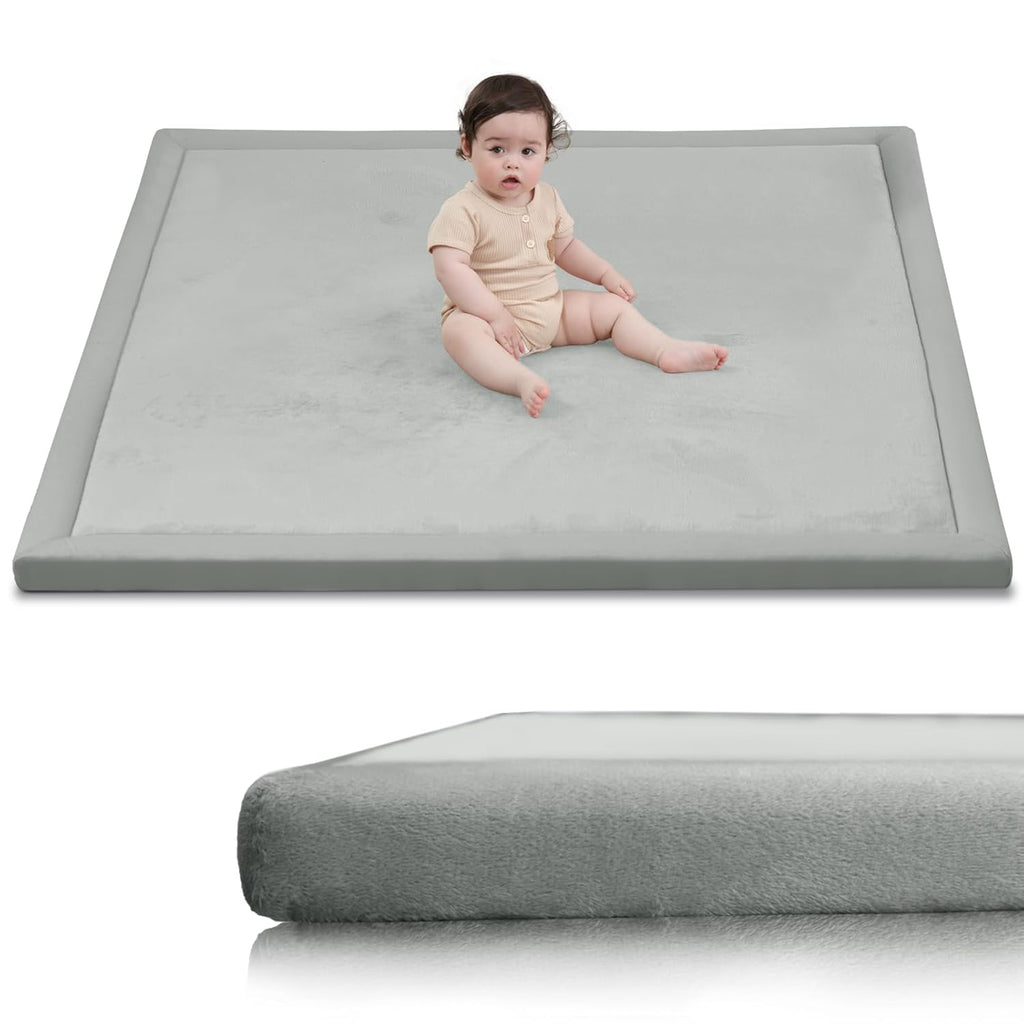 Baby Play Mat for Floor,1.3" Thick Elasti-Foam 50x50 Playpen Mat for Toddlers Infant Kids,Water-Repellent Soft Coral Velvet Tummy Time Mat,Non Slip Crawling Mat,Tatami Mat(Light Grey)
