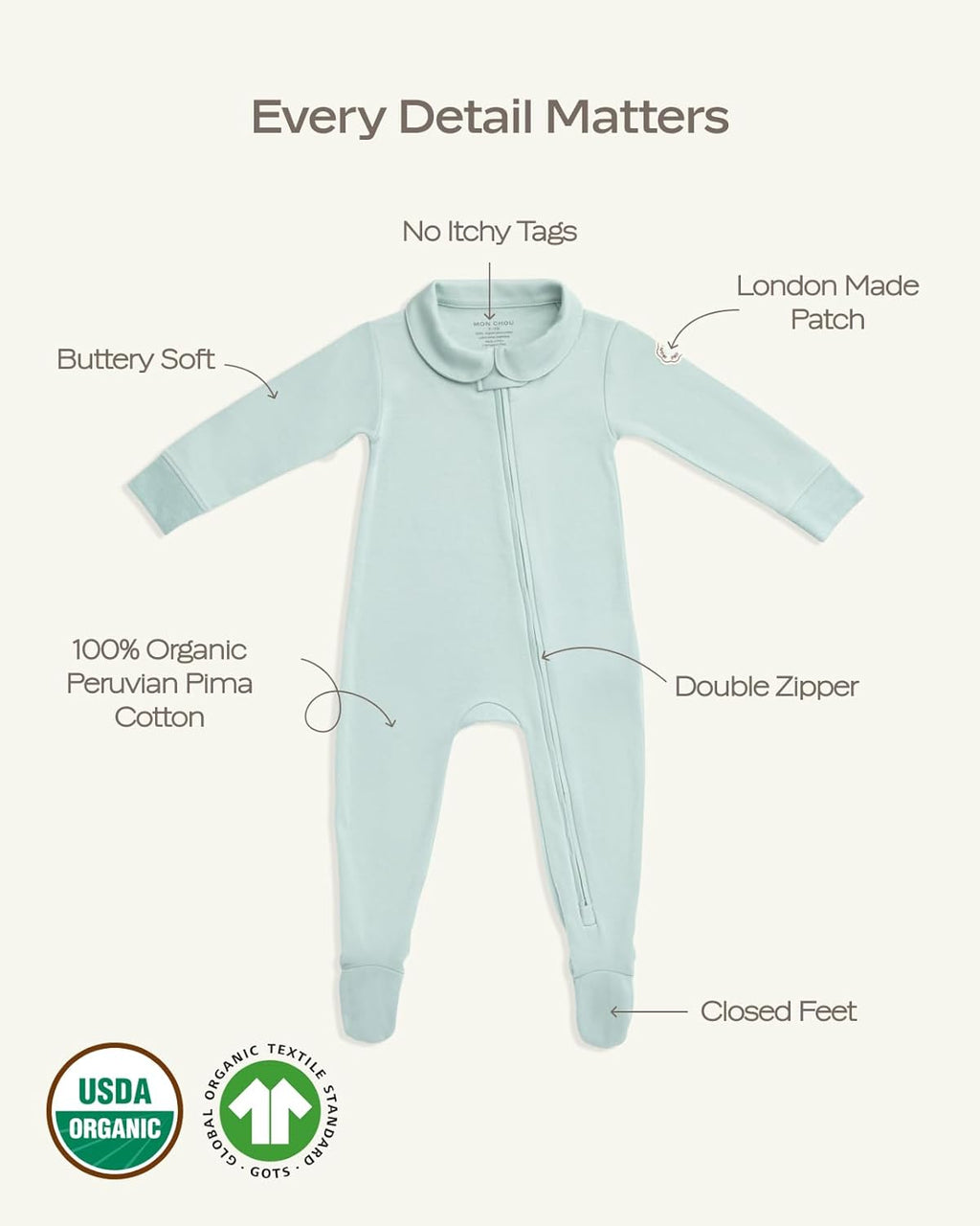 MON CHOU Organic Cotton Baby Pajamas - Ultra Soft Baby Footie Pajamas - 100% Pima Cotton PJ’s - Luxury Newborn Sleepers