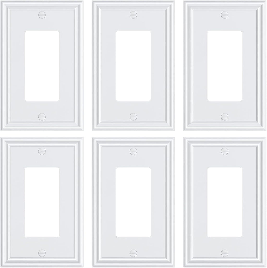 6-Pack Decorator Outlet Cover Plate, White Decorative Switch Plates and Outlet Covers, Durable Zinc Alloy Wall Plates for Electrical Outlets, Receptacle, GFCI Outlet, Dimmer Switch