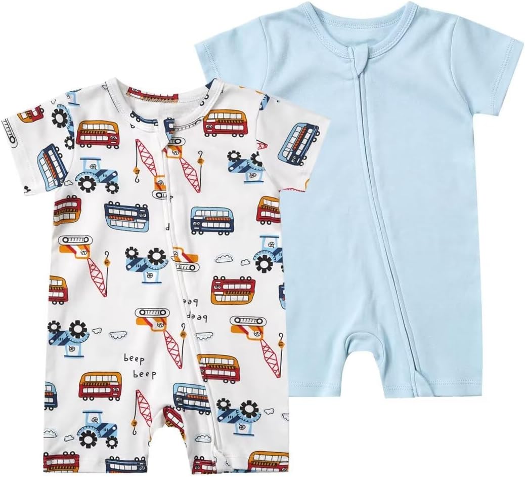 Teach Leanbh Unisex Baby 2 Pack Pajamas Cotton Short Sleeve 2 Way Zipper Printing Soild Romper Jumpsuit Sleep and Play