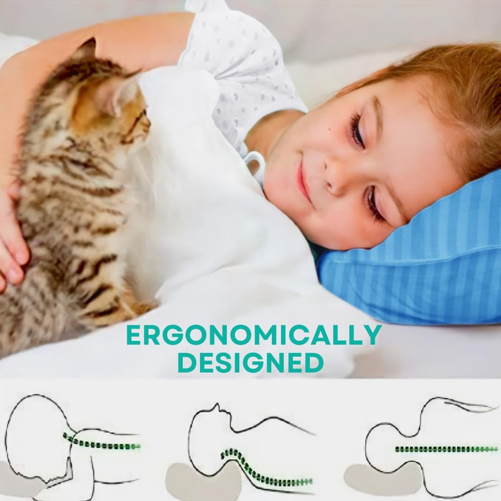 kinder Fluff Children Pillows (2-Pack) – 300T Soft Cotton & Down Alternative – Hypoallergenic, Machine Washable, Ideal for Kids Ages 12+, Bed & Travel Use – 17x26in (Blue)